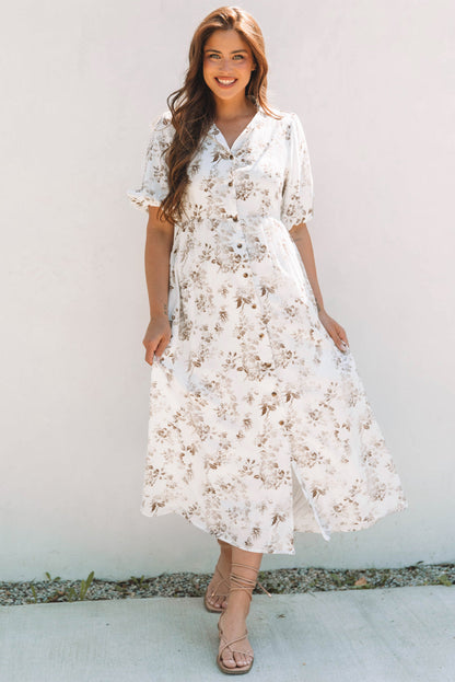 Floral Puff Sleeve V-Neck Buttoned Front Dress