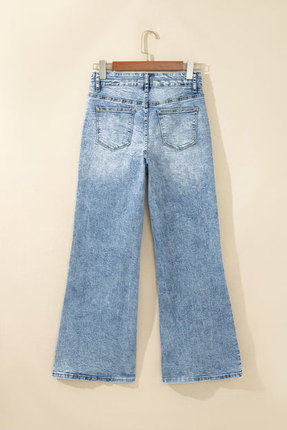 Denim Acid Wash Pockets Flare Jeans