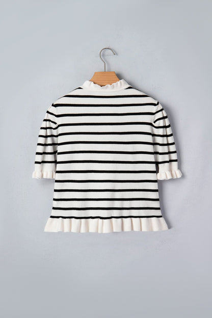 Stripe Ruffle Knit Short Sleeve Buttoned Cardigan