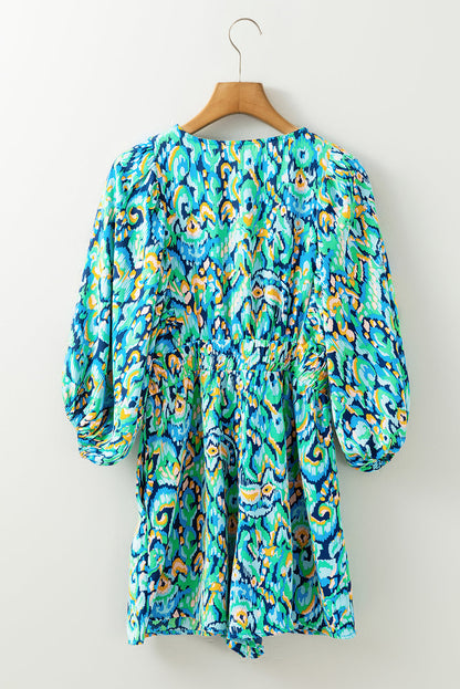 Abstract Puff Sleeve V-Neck High Waist Romper
