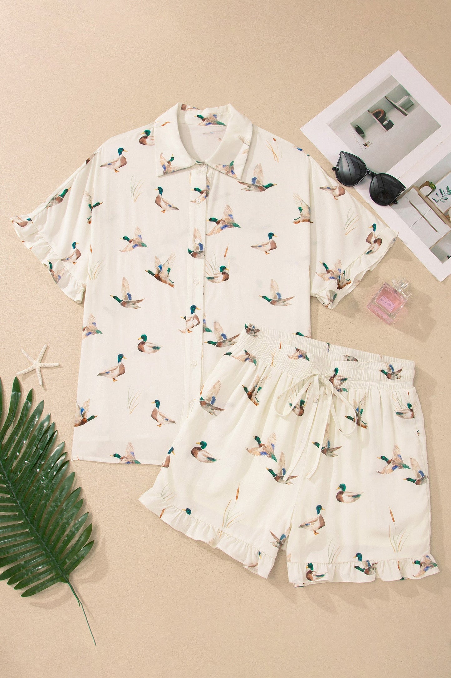 Mallard Ruffle Buttoned Shirt & Shorts Pajama Set