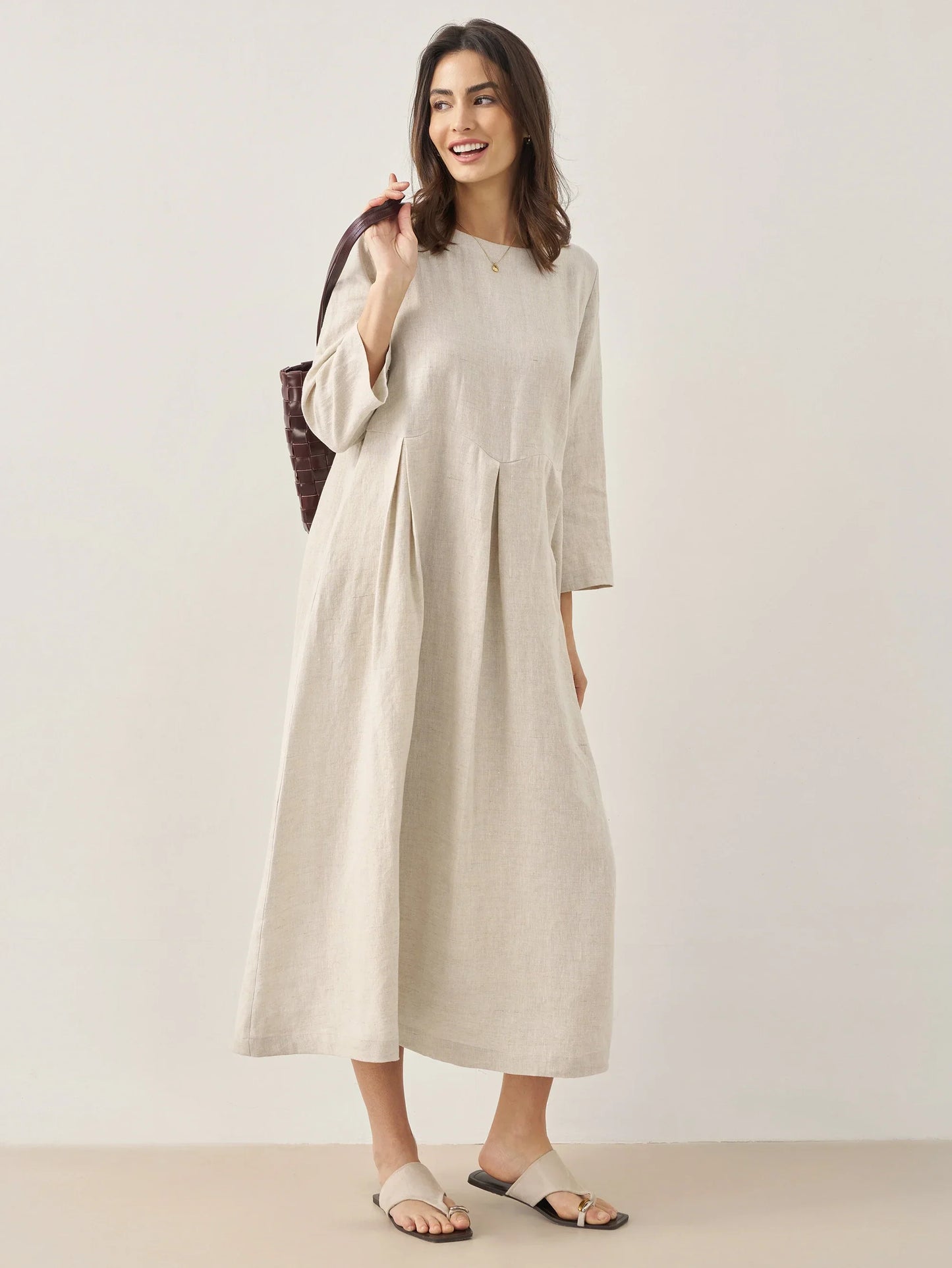 100% Linen Bateau Neck Pleated Midi Dress