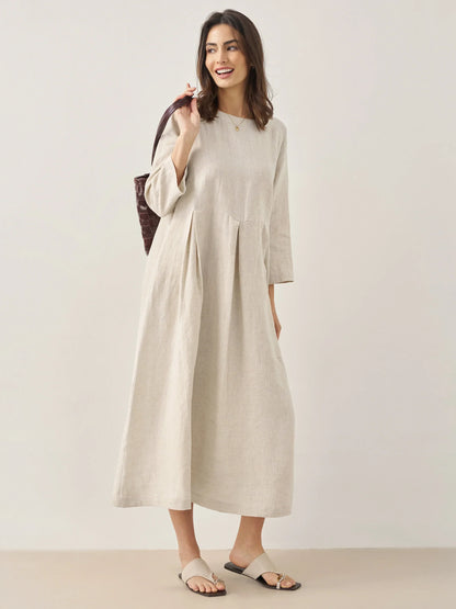100% Linen Bateau Neck Pleated Midi Dress