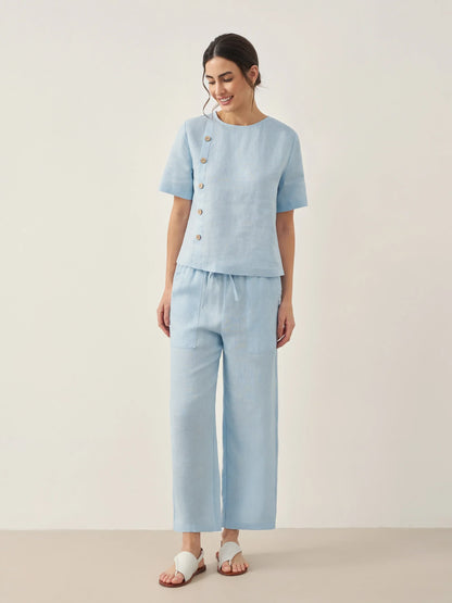 100% Linen Straight-Leg Drawstring Pants JOSIE