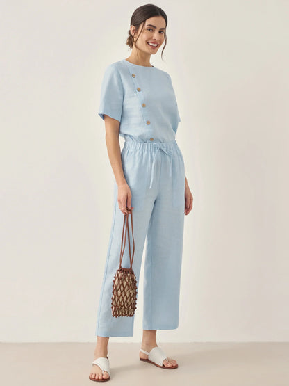 100% Linen Straight-Leg Drawstring Pants JOSIE