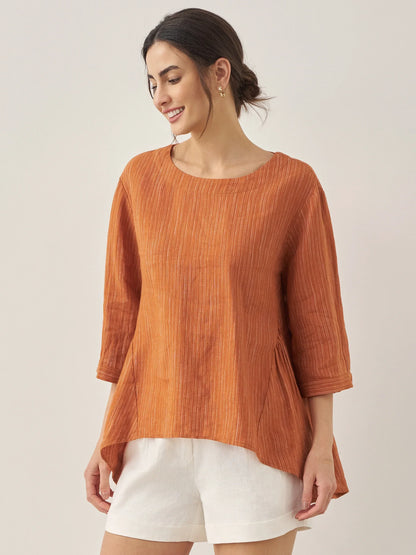 100% Linen Round Neck Artistic Stripe Top FLORENCE