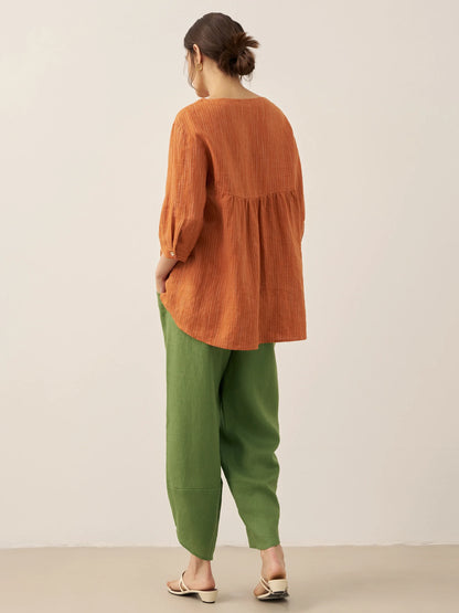 100% Linen Round Neck Artistic Stripe Top FLORENCE
