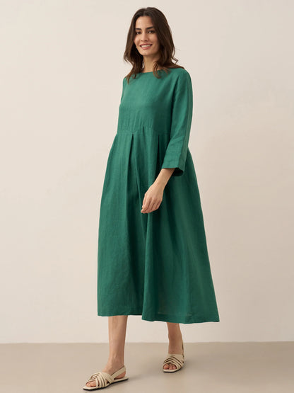 100% Linen Bateau Neck Pleated Midi Dress