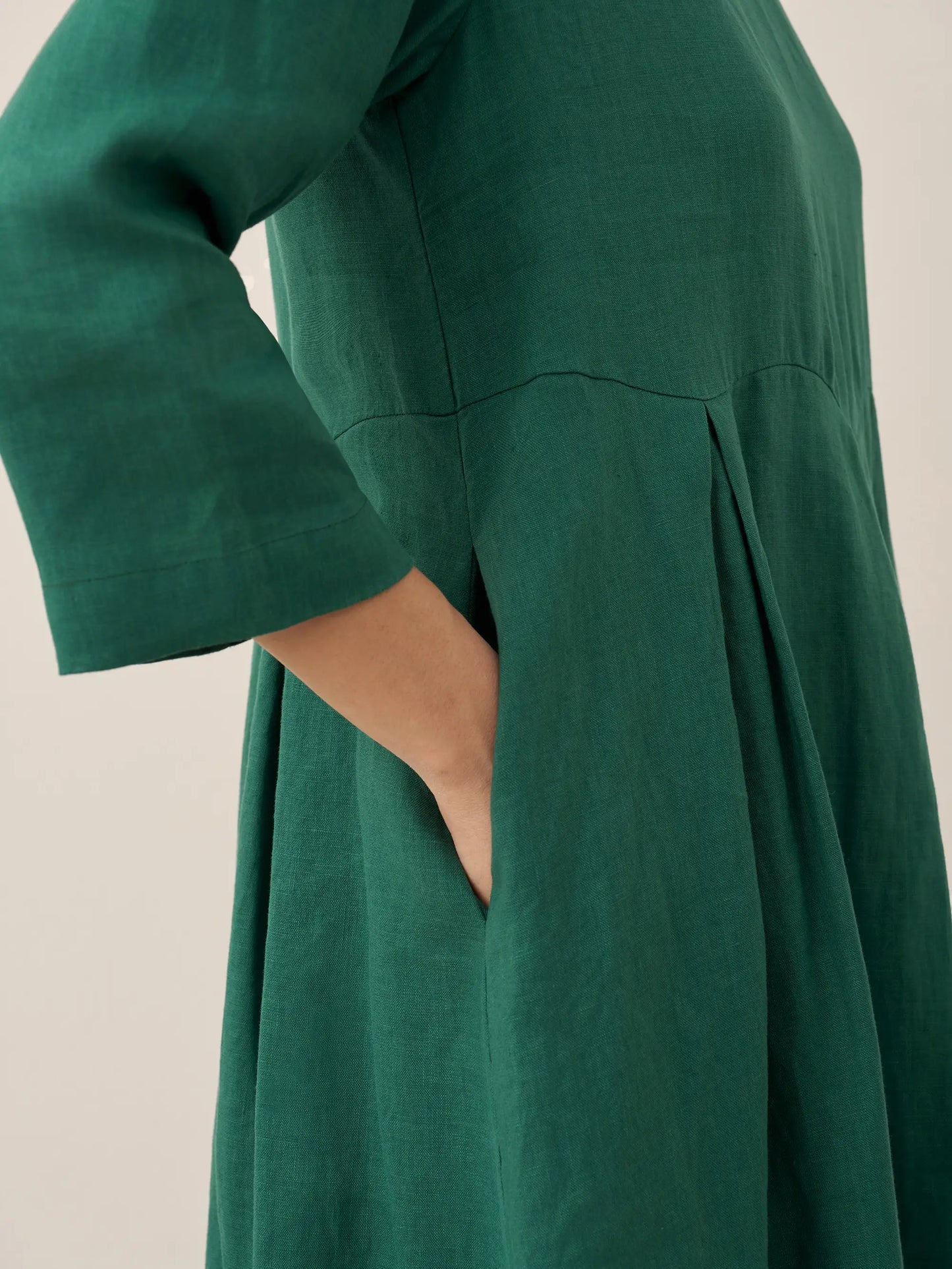 100% Linen Bateau Neck Pleated Midi Dress