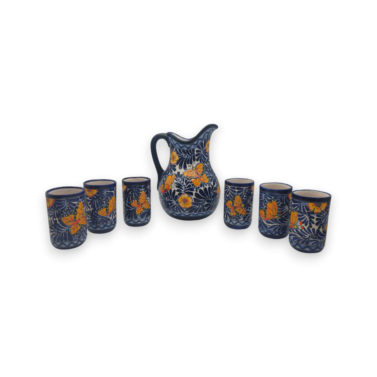 Blue Monarch Talavera Pitcher Set | Mexican Ceramic Drinkware