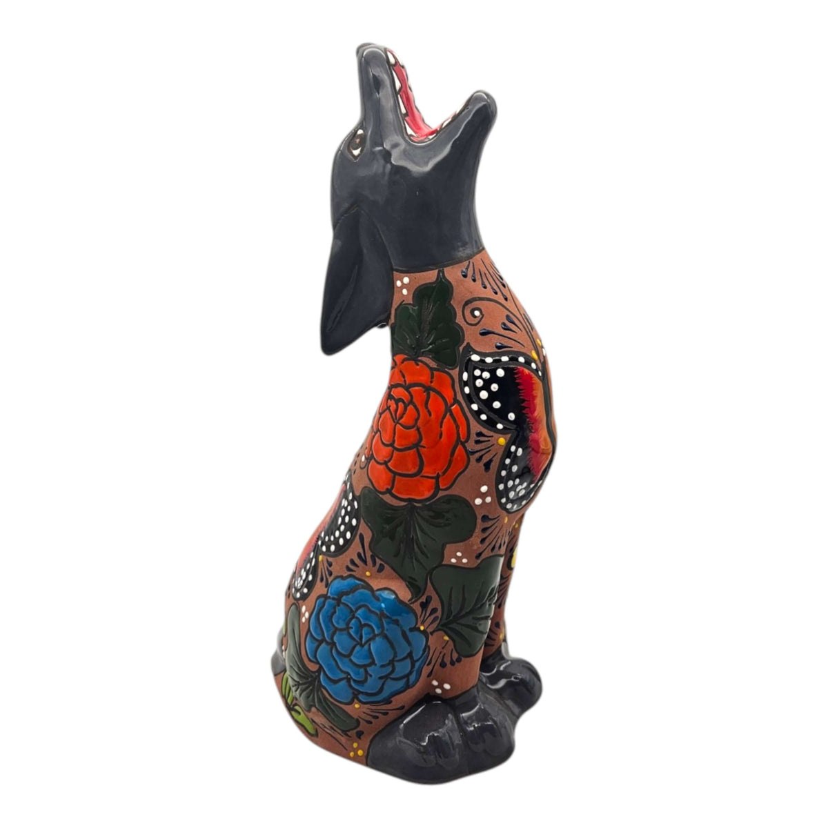 Talavera Howling Coyote Statue | Handmade Mexican Desert Animal Decor