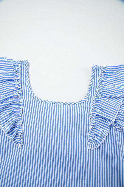 Stripe Bow Square Neck Ruffle Sleeve Blouse