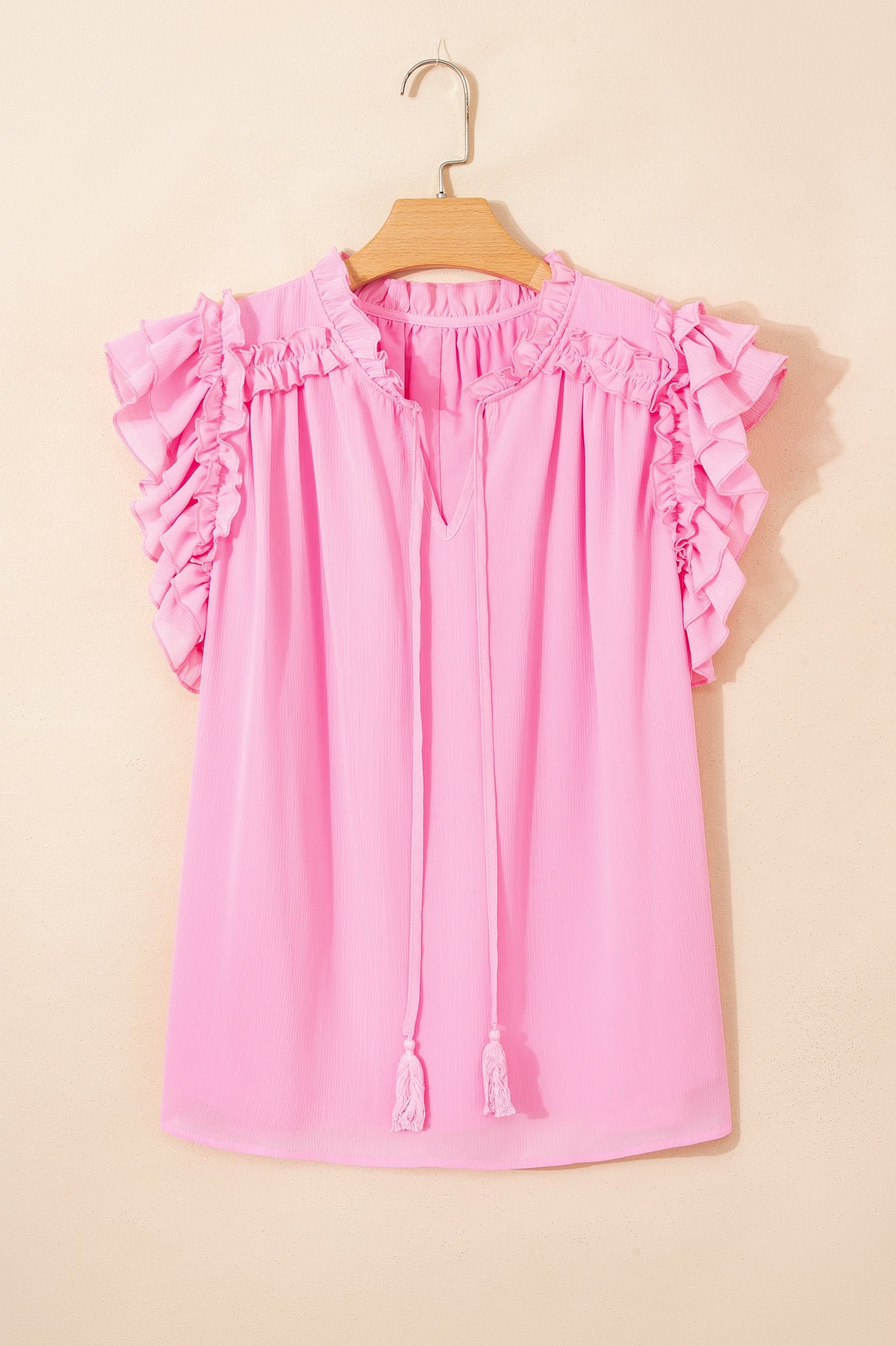 Plus Size Solid Ruffle Tassel Tie V-Neck Blouse