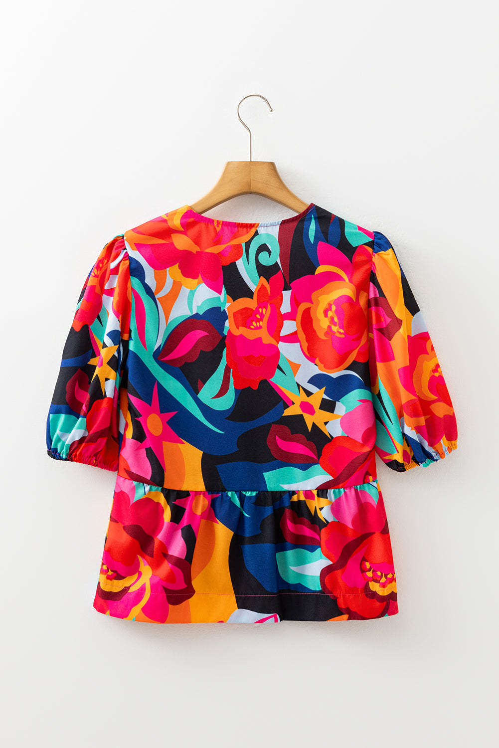 Floral Abstract Front Tie Puff Sleeve Blouse