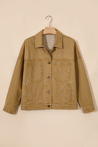 Solid Denim Long Sleeve Buttoned Collar Jacket