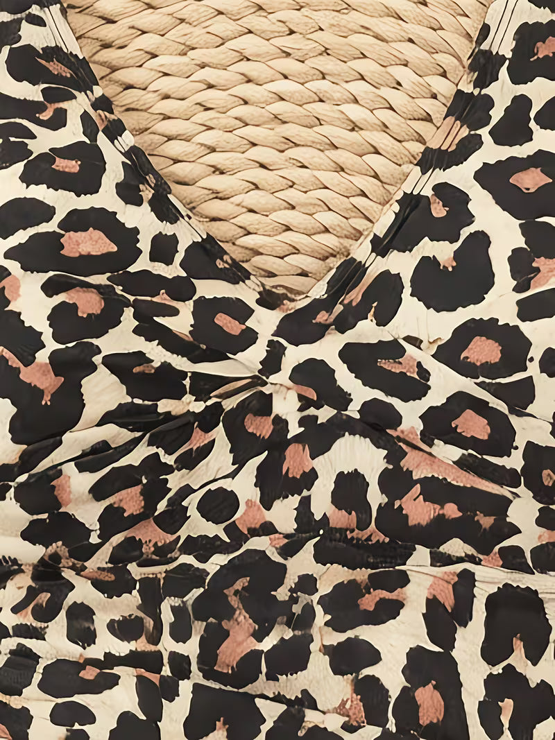 Women's Plus Size Leopard Print One-Piece Swimsuit | Vintage V-Neck Tummy Control Monokini