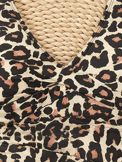 Women's Plus Size Leopard Print One-Piece Swimsuit | Vintage V-Neck Tummy Control Monokini