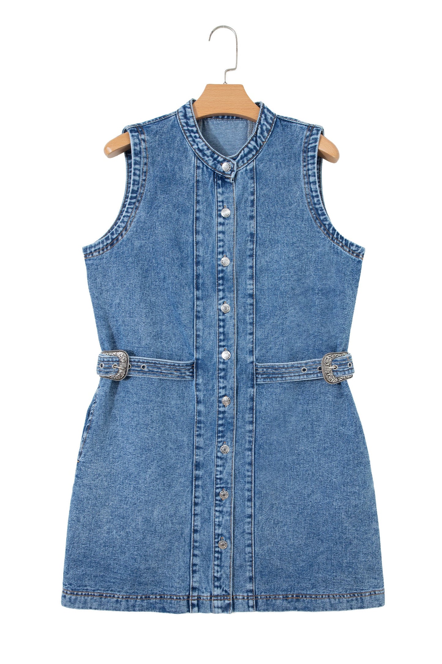 Western Denim Belted Button Down Sleeveless Dress
