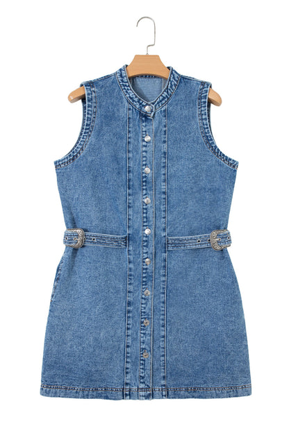 Western Denim Belted Button Down Sleeveless Dress