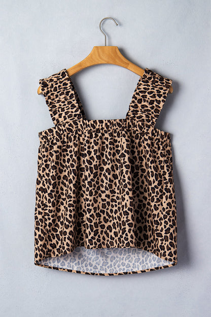 Leopard Frilled Square Neck Tank Top