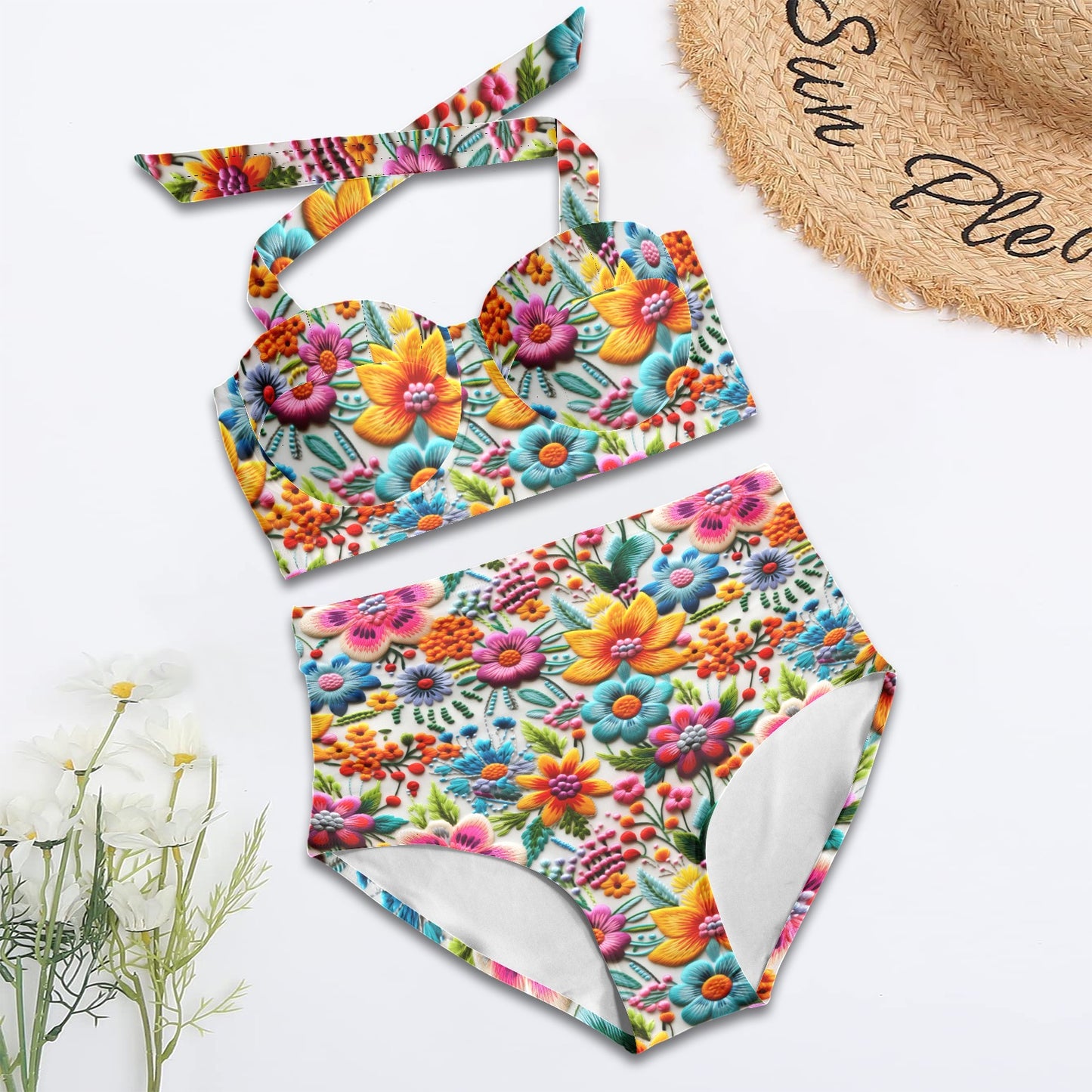 Embroidered Vibrant Floral Halter Neck Bikini Swimsuit
