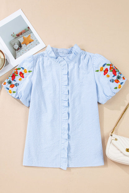 Stripe Floral Embroidered Puff Sleeve Ruffle Trim Shirt