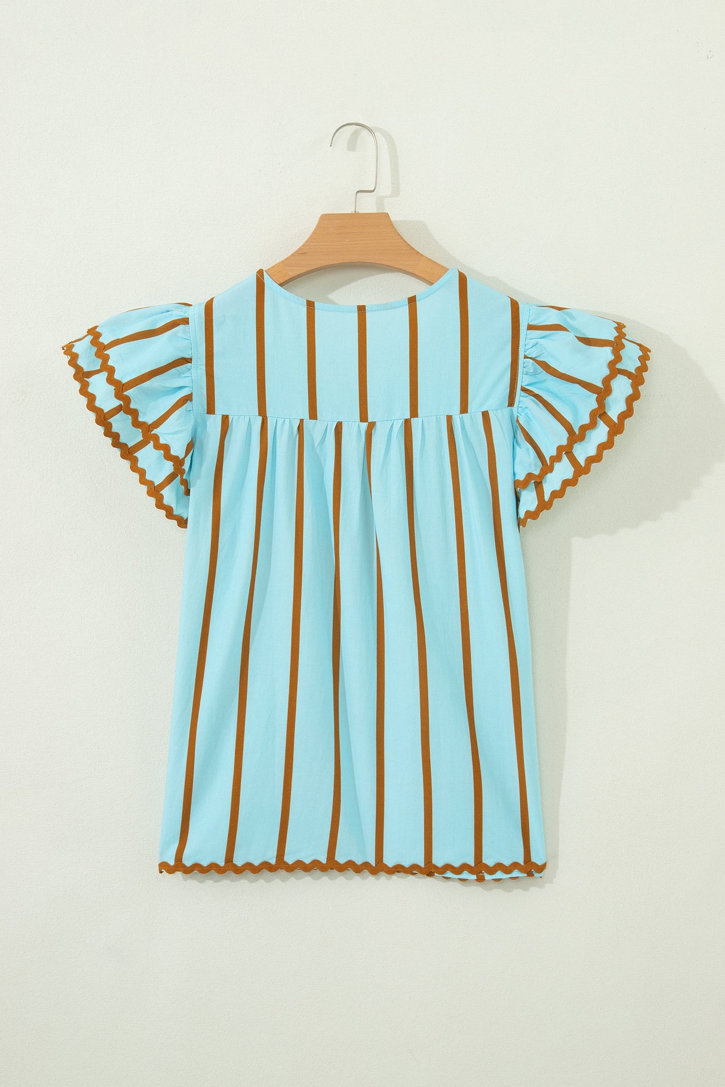 Stripe Ricrac Trim Double Ruffle Short Sleeve Blouse