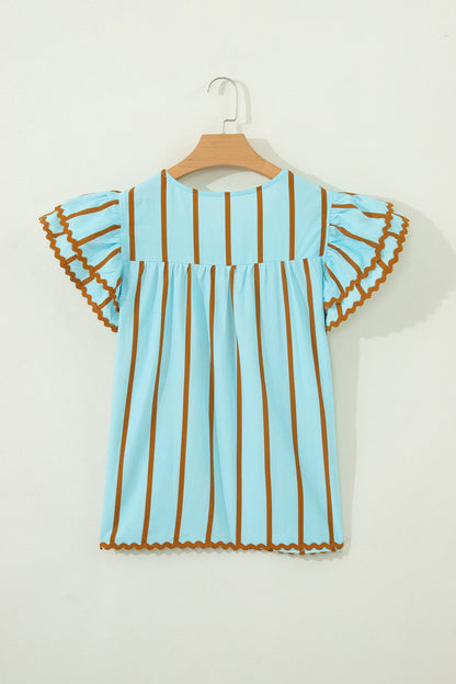 Stripe Ricrac Trim Double Ruffle Short Sleeve Blouse