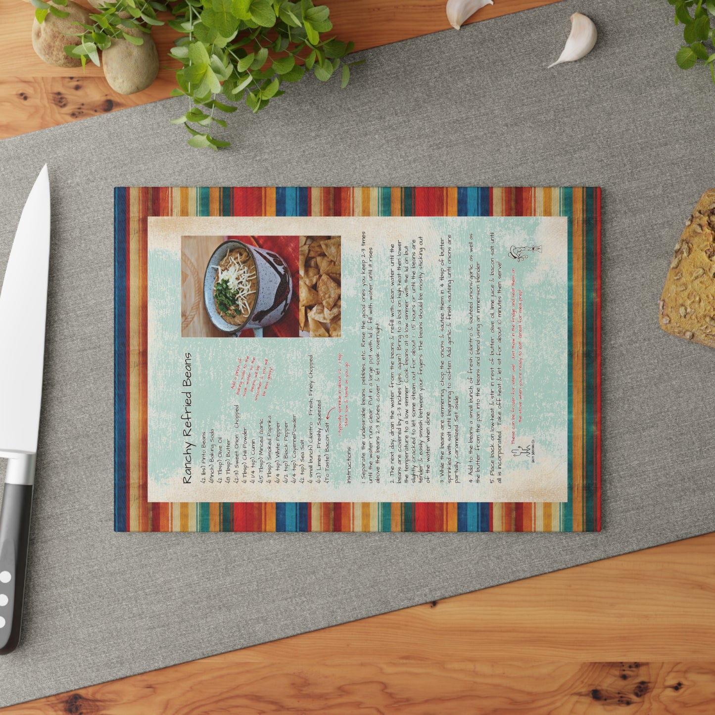 Highland Queen Ranch Ranchy Refried Beans Recipe Rustic Serape Glass Cutting Board