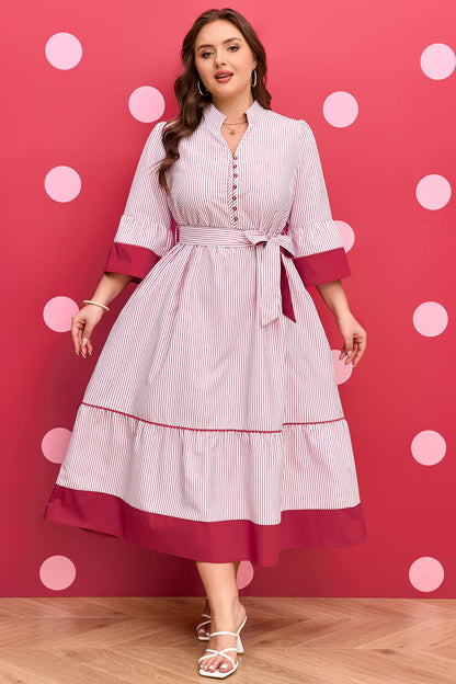 Plus Size Pinstripe Ruffle Hem Midi Dress
