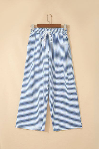 Stripe Drawstring Elastic Waist Wide Leg Pants