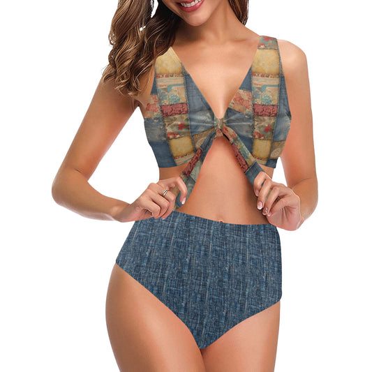 Vintage Patchwork & Denim Bowknot High Waisted Bikini Swimsuit