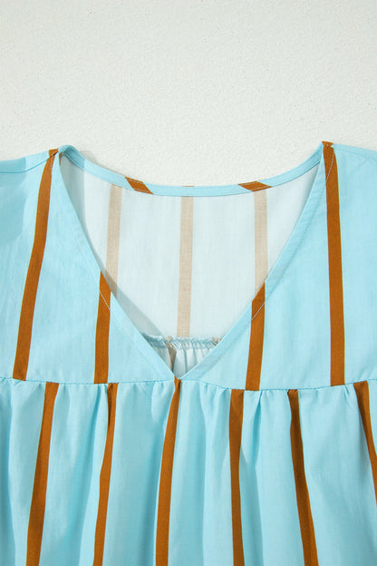 Stripe Ricrac Trim Double Ruffle Short Sleeve Blouse