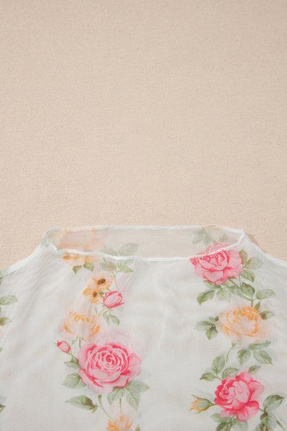 Floral Mesh Mock Neck Short Sleeve Top