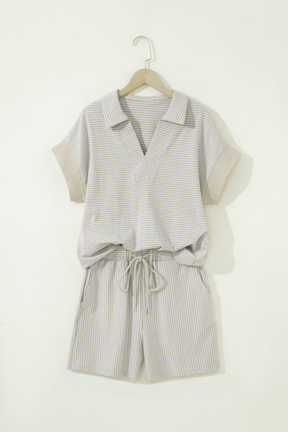 Stripe Dolman Sleeve Polo Shirt & Drawstring Shorts Set