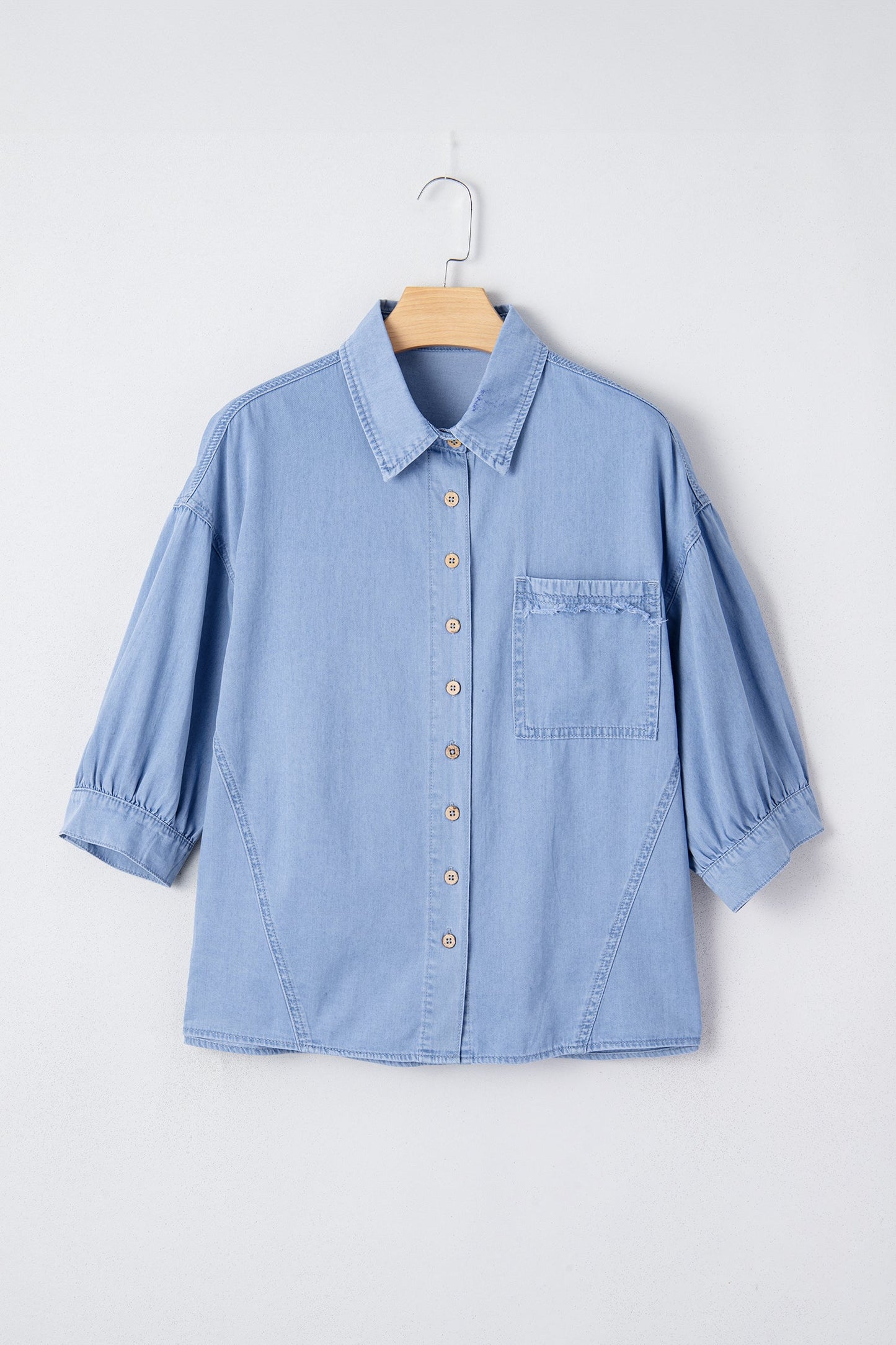Denim Chambray Drop Shoulder 3/4 Sleeve Shirt