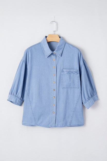 Denim Chambray Drop Shoulder 3/4 Sleeve Shirt