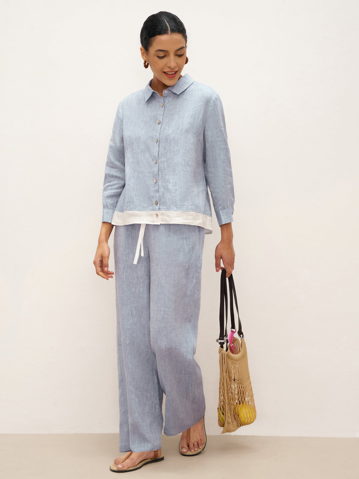 100% Linen Buttoned Closure Color-Blocked Shirt JANICE