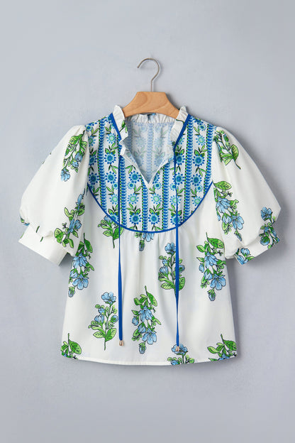Floral Contrast Trim Tie Neck Blouse