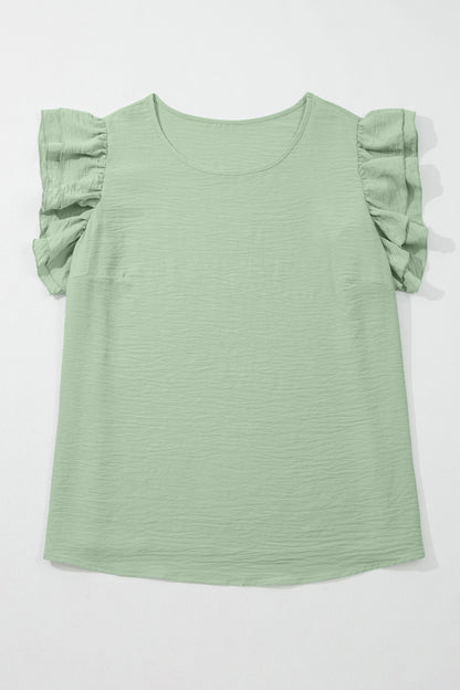 Plus Size Solid Crew Neck Ruffle Sleeve Top