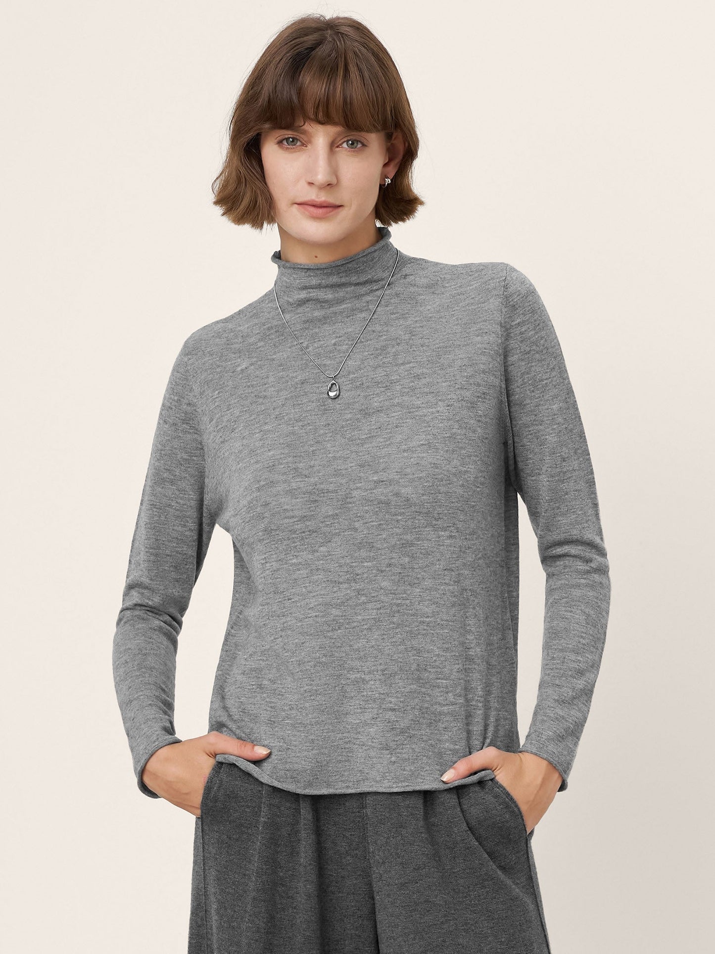 100% Extra-Fine Merino Wool Mock Neck Sweater with Rolled Edge ELA