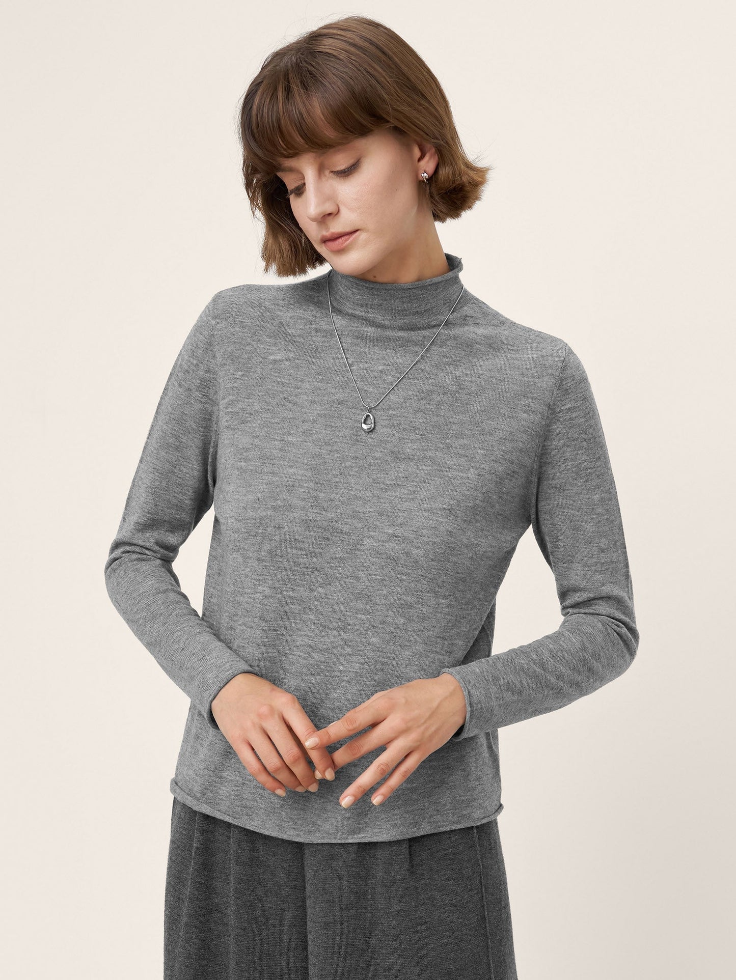 100% Extra-Fine Merino Wool Mock Neck Sweater with Rolled Edge ELA