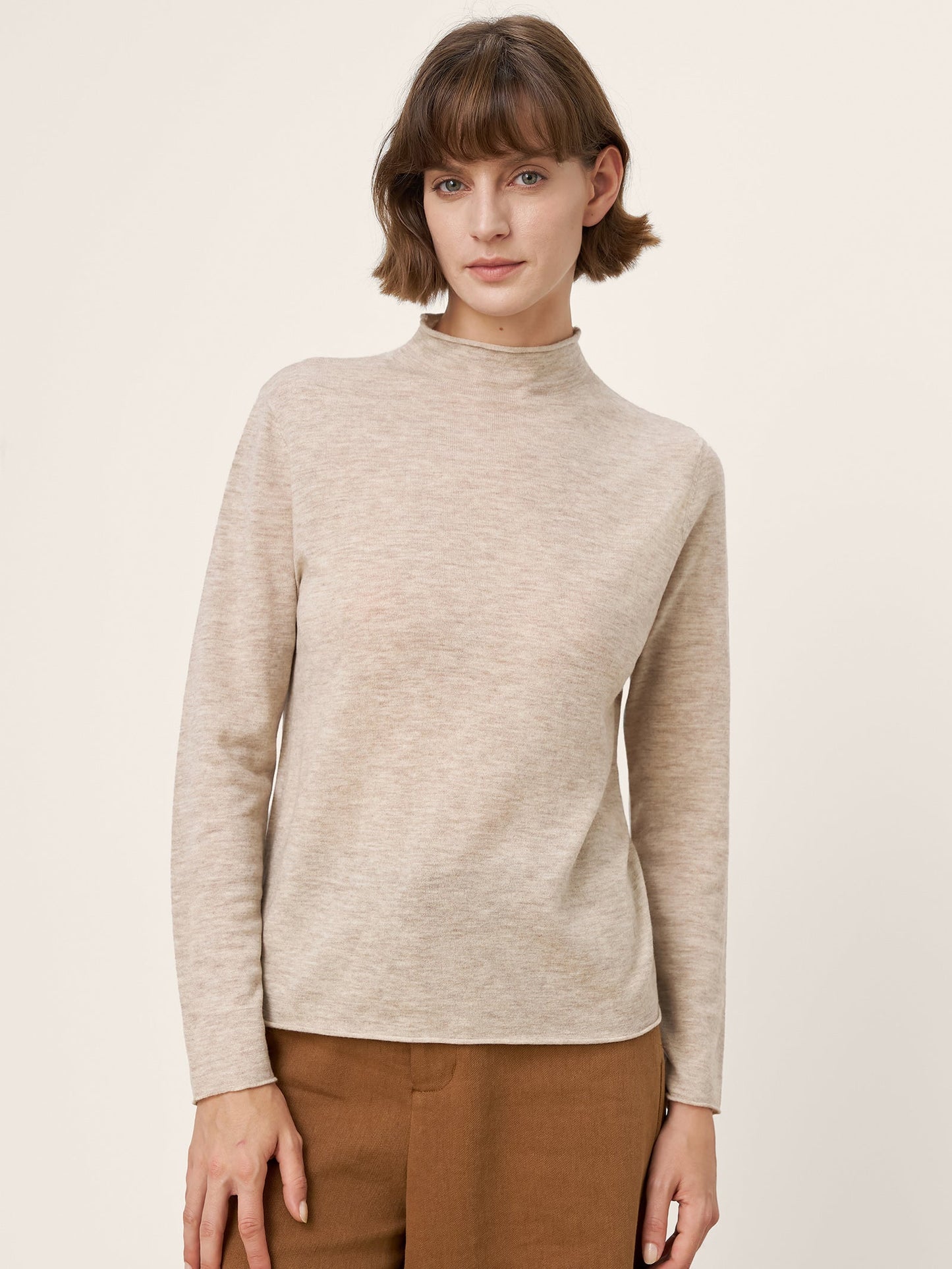 100% Extra-Fine Merino Wool Mock Neck Sweater with Rolled Edge ELA