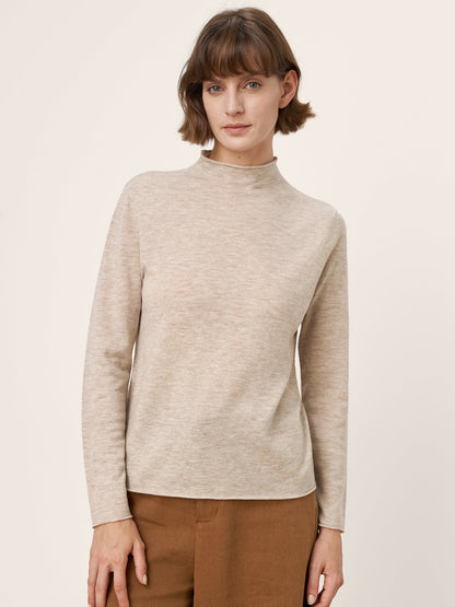100% Extra-Fine Merino Wool Mock Neck Sweater with Rolled Edge ELA