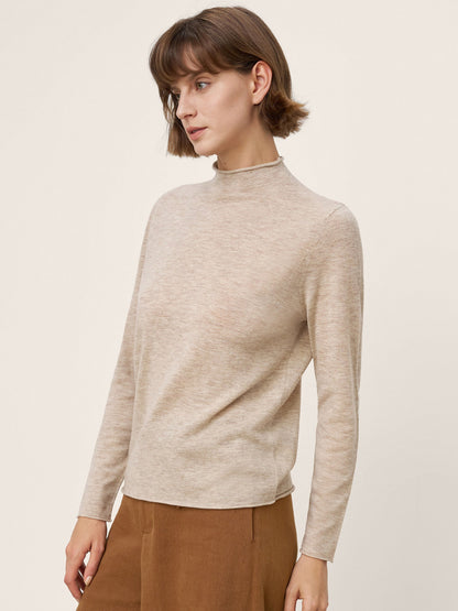 100% Extra-Fine Merino Wool Mock Neck Sweater with Rolled Edge ELA