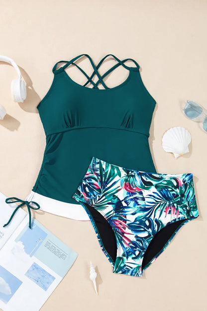 Colorblock Tankini Top & High Waist Bikini Set