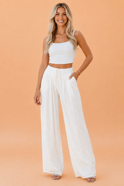 Solid Drop Waist Pleated Wide Leg Pants