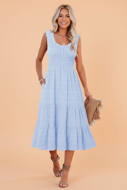 Shirred Pleated Square Neck Sleeveless Midi Dress