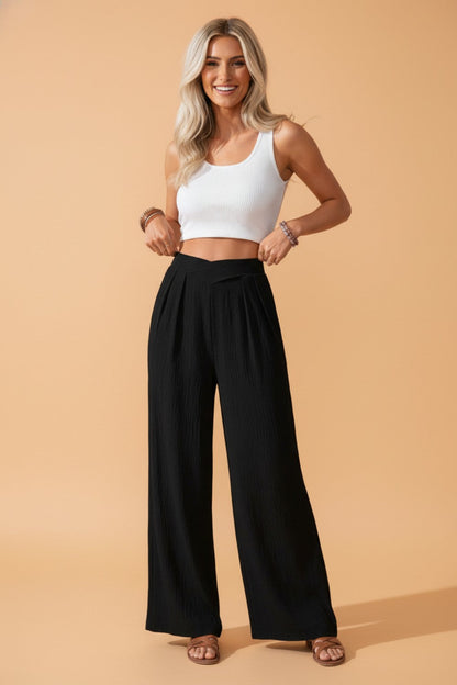 Solid Textured Crossed Waist Wide Leg Pants
