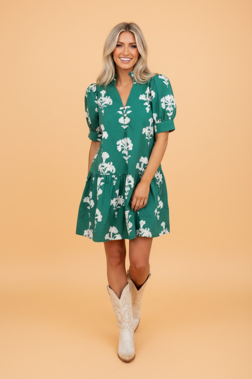 Floral Frilled V-Neck Puff Sleeve Mini Dress